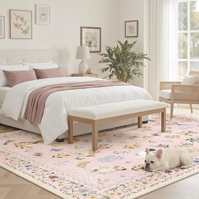 Soalmost Dog 6x9 Area Rugs for Living Room, Machine Washable Animal Floral Vintage Rug Non-Slip Low Pile Soft Throw Rugs for Bedroom Dining Room Kitchen Nursery Playroom (6 x 9,Pink)