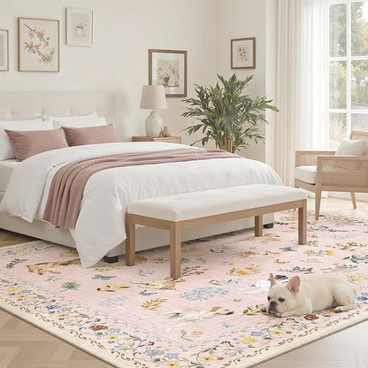 Soalmost Dog 6x9 Area Rugs for Living Room, Machine Washable Animal Floral Vintage Rug Non-Slip Low Pile Soft Throw Rugs for Bedroom Dining Room Kitchen Nursery Playroom (6 x 9,Pink)