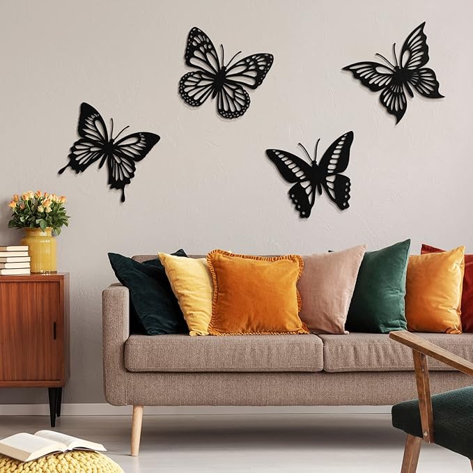 Qunclay 4 Pcs Wooden Butterfly Wall Decor Large Butterfly Wall Art Boho Home Hanging Modern Sculpture Decorations Modernist Signs for Living Room Bathroom Yard Gallery Indoor Outdoor(Black)