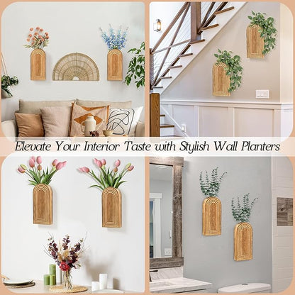 2 Pack Wall Decor Wood Wall Planters for Indoor Plants, Modern Wall Planter for Bathroom, Living Room, Kitchen Decor, Farmhouse Wood Vase for Dried Flowers and Faux Greenery (Rustic Brown)