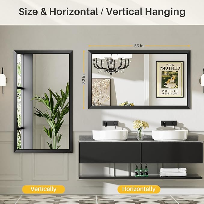 Briivue 55x32 Inch Black Bathroom Mirror for Wall, Thick Metal Framed Rectangle Mirrors for Over Sink, Bedroom, Living Room, Entryway, Anti-Rust, HD Tempered Glass