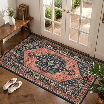 Tangsoo Vintage 2x4 Washable Rug for Entryway,Non Slip Kitchen Rugs Red Blue Indoor Front Door Rug Small Soft Throw Mat Low Pile Carpet for Porch Kitchen Bedroom Entrance Bathroom