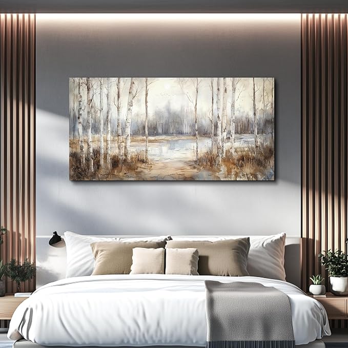 QIYILEXWART Canvas Wall Art For Living Room Large Wall Decor For Office Bedroom Decorations By The Lake Pictures Birch Forest Painting Stretched And Framed Artwork Room Ready To Hang