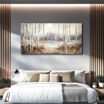 QIYILEXWART Large Wall Decor For Living Room Stretched And Framed Canvas Wall Art For Office Wall Decorations For Bedroom Birch Forest Painting By The Lake Picture Home Decor Ready To Hang
