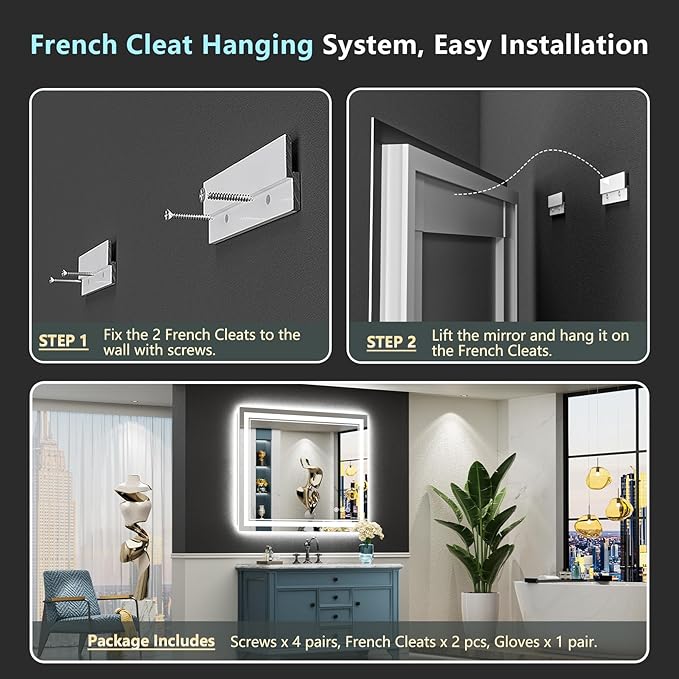 40x28 LED Bathroom Mirror with Lights, Backlit and Front Lit Anti-Fog Lighted Vanity Mirrors for Bathroom Wall, Dimmable, 3-Color Light, Memory, Shatter-Proof, HD Tempered Glass, CRI＞90