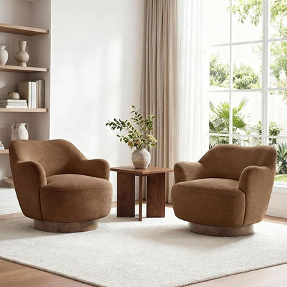 Swivel Accent Chair,Upholstered Barrel Chair with Curves Camel Back Design,Modern Arm Chair with Wooden Base for Living Room Bedroom Reading Waitingroom,Terracotta
