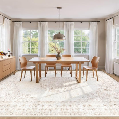 Area Rug 8x10 Vintage Rug: Large Washable Indoor Medallion Rugs Low Pile Distressed Floor Carpet Retro Accent Rug for Living Room Bedroom Kitchen Dining Table Home Office(Distressed Beige, 8'x10')