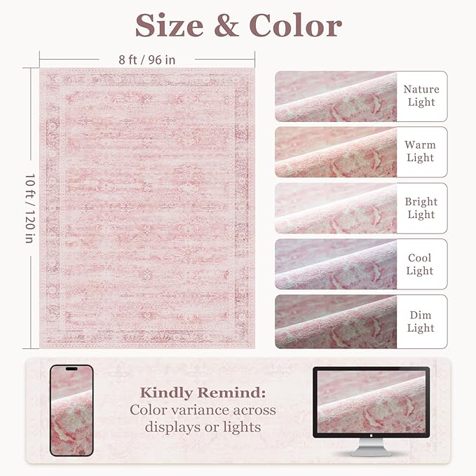 Large Pink Living Room Rug 9x12, Aesthetic Distressed Area Rugs for Bedroom Girls Playroom, Washable Non Slip Nursery Rug Stain Resistant, Low Pile Thin Carpet Rug for Dining Room Home Office
