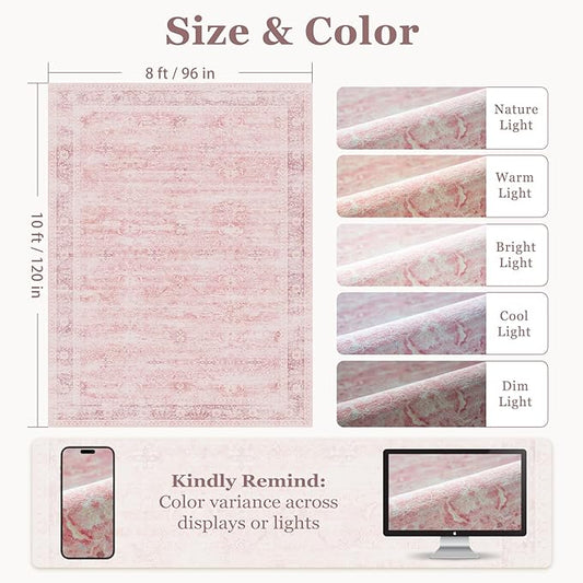 Large Pink Living Room Rug 9x12, Aesthetic Distressed Area Rugs for Bedroom Girls Playroom, Washable Non Slip Nursery Rug Stain Resistant, Low Pile Thin Carpet Rug for Dining Room Home Office