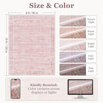 Pink Rug 8x10 for Living Room, Aesthetic Distressed Area Rugs for Bedroom Girls Playroom, Washable Non Slip Nursery Rug Stain Resistant, Low Pile Thin Carpet Rug for Dining Room Home Office