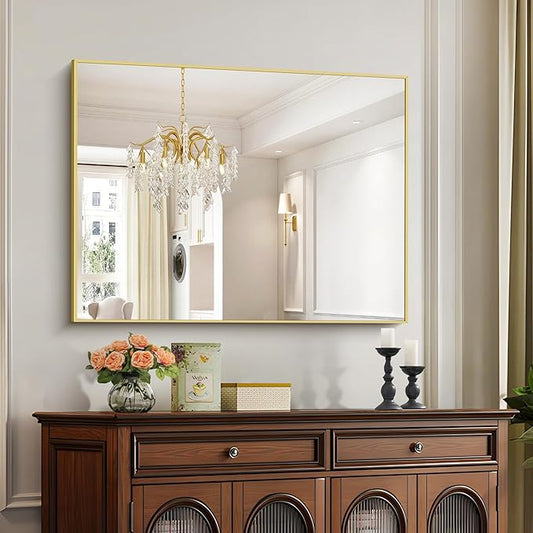 COFENY 30x40In Gold Bathroom Mirror for Wall, Brushed Gold Rectangle Mirrors with Metal Frame, Bathroom Rectangular Mirror Modern Wall Mirror for Bedroom Living Room, Hangs Horizontal or Vertical