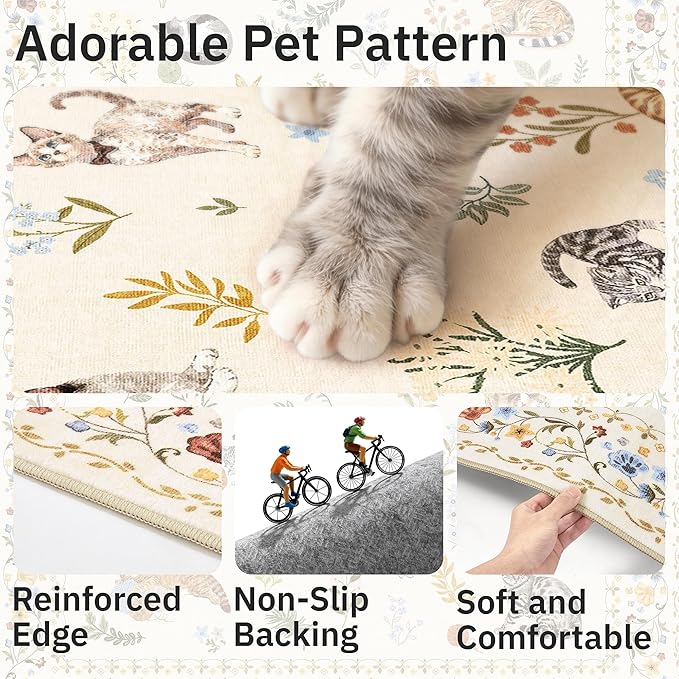 Soalmost Cat 9x12 Area Rugs for Living Room, Machine Washable Animal Floral Vintage Rug Non-Slip Low Pile Soft Throw Large Rugs for Classroom Bedroom Dining Room Nursery Playroom (9 x 12,Beige)