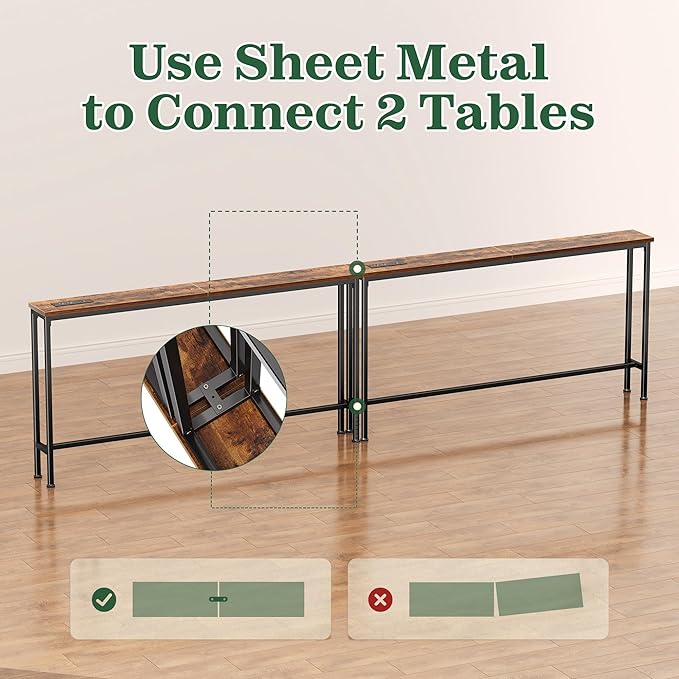 SUPERJARE 102.4 Inch Sofa Table with Power Outlets and USB-C Ports, 5.9 Inch Narrow Console Tables, Entryway Hallway Couch Tables with Storage, Behind Sofa, Small Spaces, Living Room, Rustic Brown