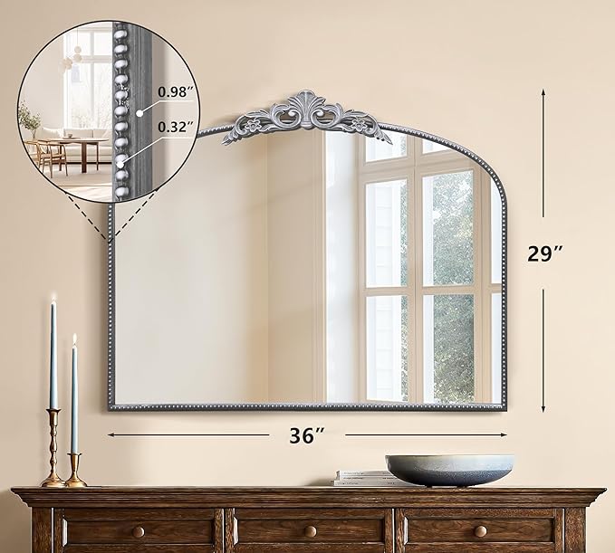 Micasso Vintage Silver Arched Mirror: 36"x29" French Baroque Antique Wall Mounted Mirror - Traditional Ornate Decorative for Wall/Fireplace/Entryway/Bathroom/Hallway - Home Decor for Living Room