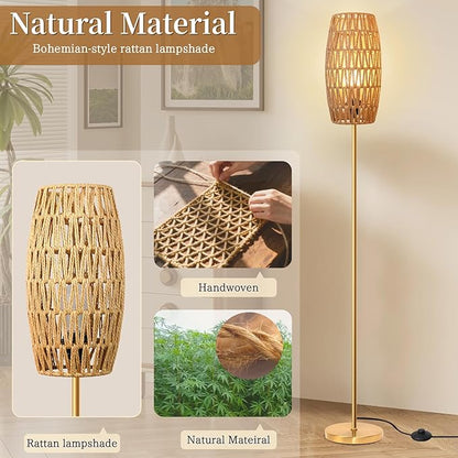 Ruiever Floor Lamp for Living Room,Farmhouse Floor lamp,Modern Standing lamp with Hand-Worked Rattan Shade (Drum Rattan Shade Body Gold Color-3 Color Bulb)