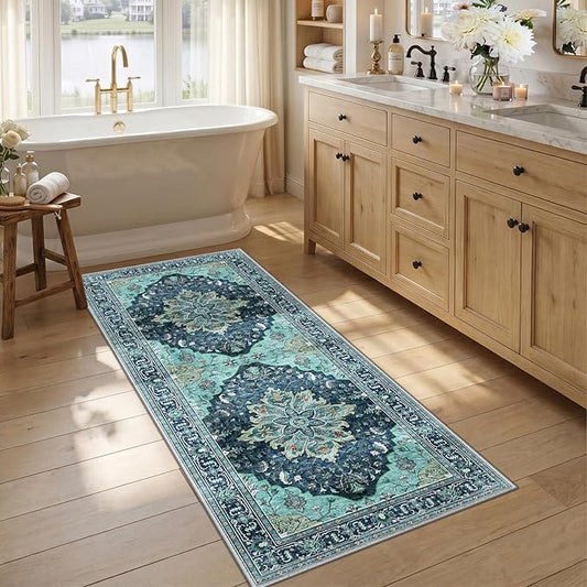 RELEANY Area Rugs 2'6"x5' Runner Rug Non Slip Washable for Kitchen Hallway Bedroom Beside Laundry Room Bathroom Rug, Floor Carpet, Teal Green Lake Blue Turquoise