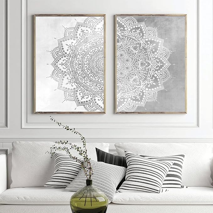 Pennclys Gray Mandala Wall Art Mandala Canvas Wall Decor Abstract Flower Yoga Wall Art Boho Mandala Picture Yoga Lotus Painting Artwork for Living Room Bedroom Decor 16x24x2 Inch Unframed
