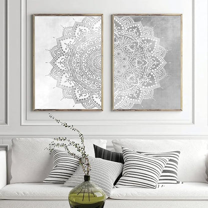 Pennclys Gray Mandala Wall Art Mandala Canvas Wall Decor Abstract Flower Yoga Wall Art Boho Mandala Picture Yoga Lotus Painting Artwork for Living Room Bedroom Decor 16x24x2 Inch Unframed