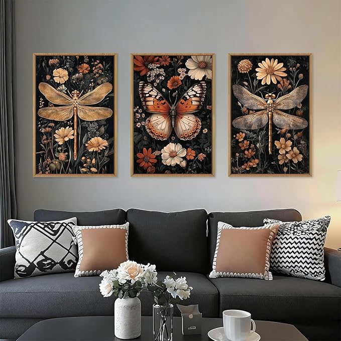 Aryroi Large Vintage Butterfly Dragonfly Framed Canvas Wall Art Set,Retro Dark Academia Animal Floral Botanical Wall Decor,Moody Insect Wildflower Artwork for Living Room,Bedroom,Farmhouse-16 x24 x3