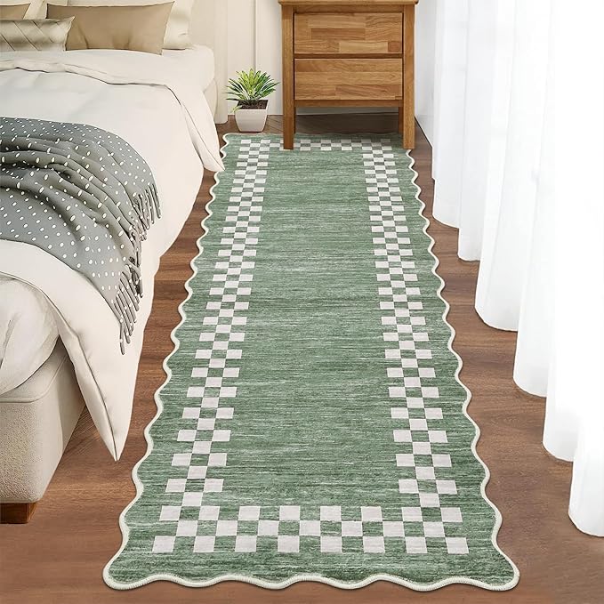 Washable Runner Rug 2x10 Modern Bordered Hallway Runner Rug Non Slip Kitchen Throw Carpet Checkered Bathroom Entryway Runner Rugs Low Pile Solid Area Rugs for Living Room Bedroom Nursery Sink, Green
