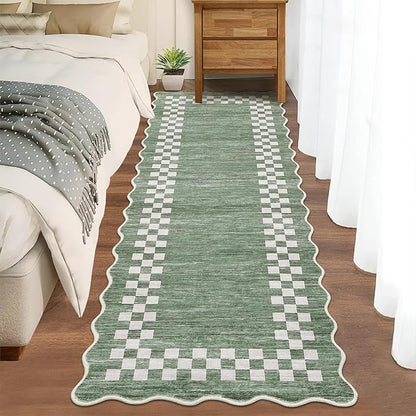 Rug Runners for Hallways 2x8 Washable Kitchen Runner Rug Non Slip Low Pile Bedside Throw Carpet Modern Bordered Bathroom Runners Checkered Area Rug for Living Room Bedroom Entryway Nursery, Green