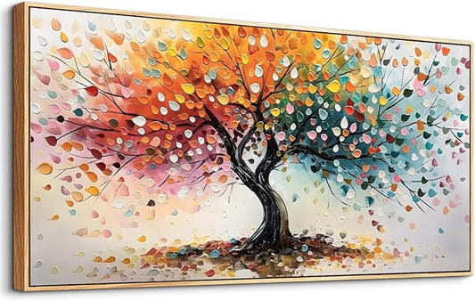 crmotu Tree of Life Large Framed Wall Art, Rainbow Tree Canvas Prints Abstract Painting, Colorful Modern Aesthetic Wall Pictures for Living Room Bedroom Bathroom Home Office Decorations 29"X57"