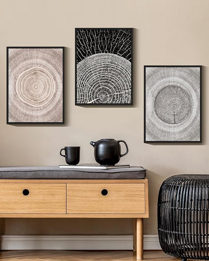 PHOPAGO Vintage Wood Tree Rings Wall Art Farmhouse Rustic Framed Canvas Paintings Living Room Bedroom Decor Nature Artwork 11x14in Black Framed