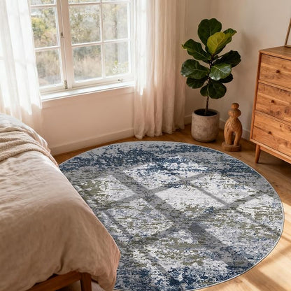 ROYHOME Modern Abstract 6x6 Round Area Rug Non Slip Non Shedding Rug Low Pile Stain Resistant for Bedroom Living Room Office Dining Room,Navy