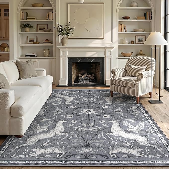 Lahome 6x9 Washable Deer Rug, Dorval Boho Woodland Vintage Area Rug, Non Slip Low Pile Soft Grey Carpet for Living Room Dining Room Bedroom Kitchen Nursery Home Decor