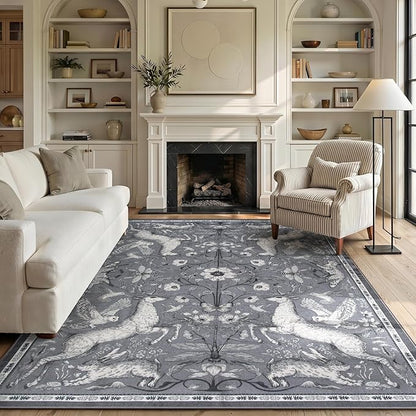 Lahome 6x9 Washable Deer Rug, Dorval Boho Woodland Vintage Area Rug, Non Slip Low Pile Soft Grey Carpet for Living Room Dining Room Bedroom Kitchen Nursery Home Decor
