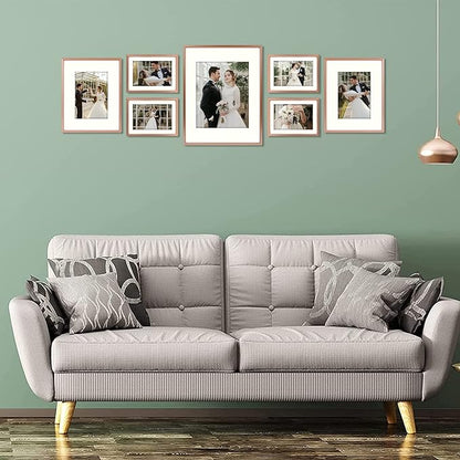 Golden State Art, Picture Frame Set 7 Pack, Gallery Wall Frame with One 11x14, Two 8x10, and Four 5x7. Aluminum Photos Frame for Wall or Tabletop Display (Style 1, Rose Gold, 7 Pack)