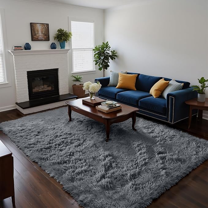 Fluffy Rug Shag Area Rug, Grey 4x6 Area Rugs for Bedroom, Small Bedside Rug, Soft Fluffy Shag Entryway Throw Rugs for Living Room Bedroom Kids Room Home Decor