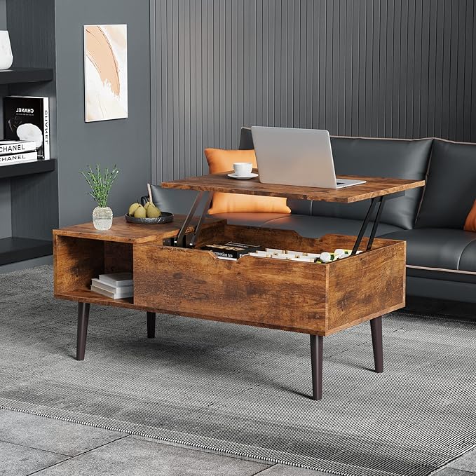 Sweetcrispy Wood Coffee Table Lift Top Coffee Tables for Living Room Office, Small Rising Wooden Center Tables with Large Storage Shelf and Hidden Compartment, Brown | Lift Top