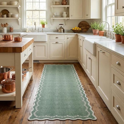 GarveeHome 2.5x8 Scalloped Washable Runner Rug for Kitchen, Soft Green Long Hallway Runner Non Slip Entryway Rug Farmhouse Thin Laundry Mat Stain Resistant Carpet for Bathroom Beside Rug