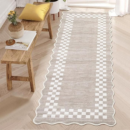 Washable Runner Rug 2x10 Modern Bordered Hallway Runner Rug Non Slip Kitchen Throw Carpet Checkered Bathroom Entryway Runner Rugs Low Pile Solid Area Rugs for Living Room Bedroom Nursery Sink, Fog