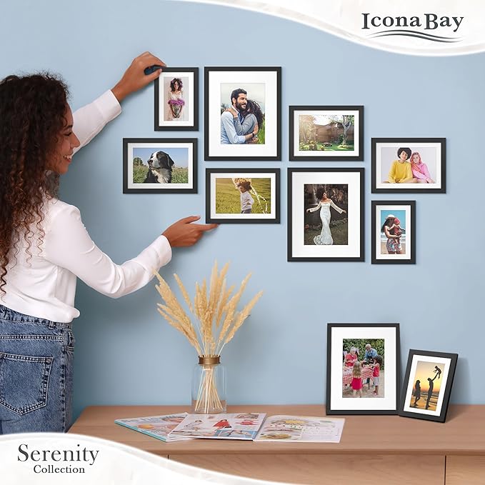 Icona Bay 4x6 Picture Frames w/Removable Mat for 3x5 Photos (Black, 10 Pack), Sleek Modern Style Frames, Table Top or Wall Mount, Serenity Collection