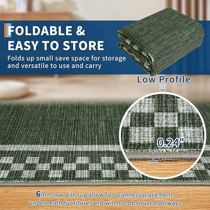 GarveeHome Area Rug 9x12 Living Room Rug Modern Bordered Soft Large Area Rugs for Bedroom Washable Checkered Dining Room Throw Carpet Non Slip Stain Resistant Geometric Rugs for Home Office, Green