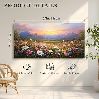 crmotu Landscape Wall Art, Oversized Wall Art, Floral Wall Decor, Mountain Flower Sunset Oil Paintings, Vibrant Scenic Pictures Wall Decor Living Room Bedroom Hallway Farmhouse Canvas Prints 29x57inch