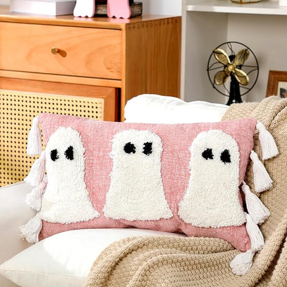 Yuntau Halloween Ghost Throw Pillows Cover Decorative Pink Ghost Shaped Pillowcase Embroidery Cushion Cover Cute Halloween Decorations for Home Bedroom Bed Sofa Living Room Outdoor Party Decor
