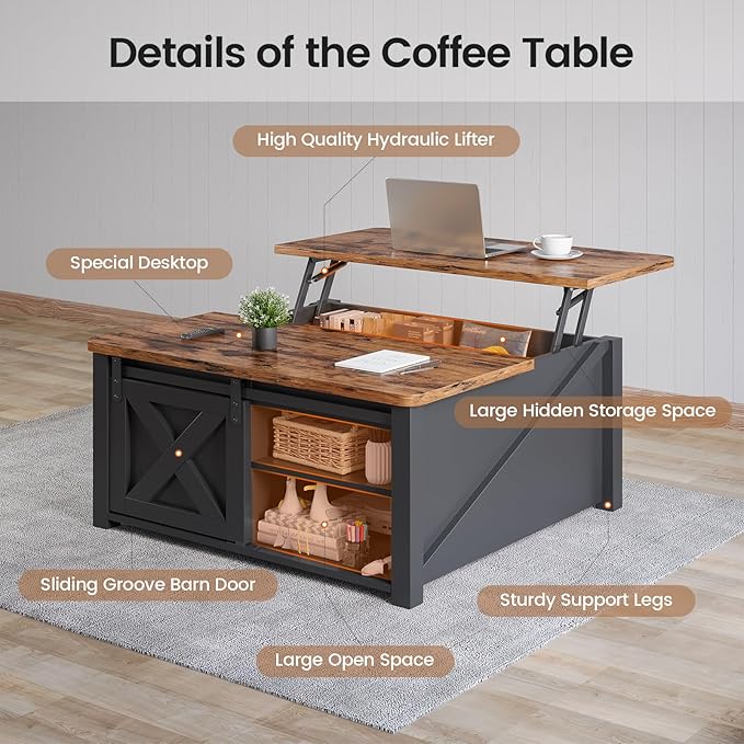 SEDETA 31.5" Lift Top Coffee Table with Storage, Square Coffee Tables for Living Room, Farmhouse Coffee Table with Large Hidden Storage Compartment and Adjustable Shelves, Black