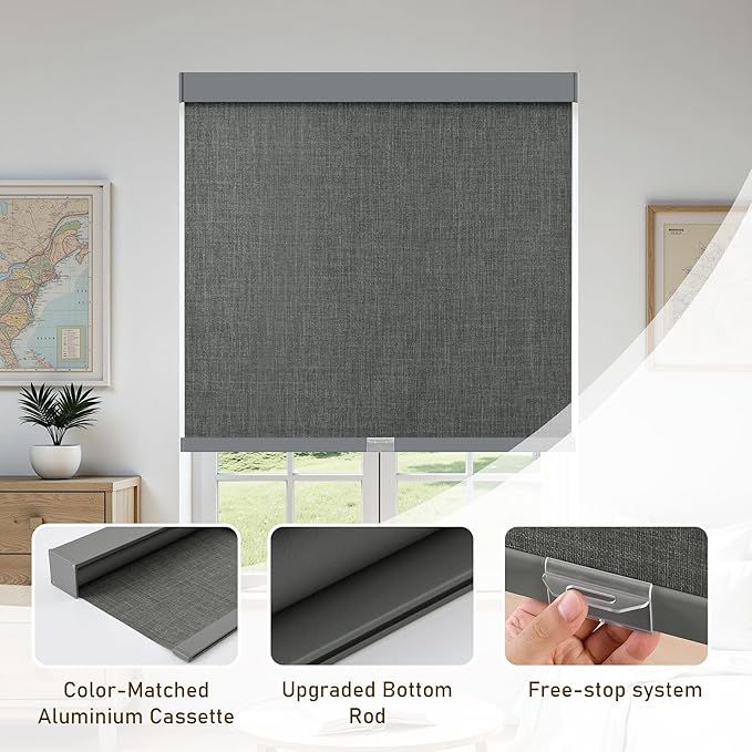 AOSKY Linen Roller Blinds Shades for Indoor Windows Pull Down Cordless Blackout Black Out Window Shade 21 Inch Blinds for Home Dark Grey