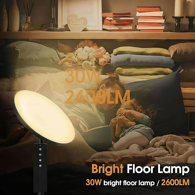 hanaking Upgraded Floor Lamp, 30W/2600LM Super Bright Floor Lamp with Remote Control, Stepless Adjust Color Temperatures and Brightness, Torchiere Standing Lamp for Living Room Bedroom Office