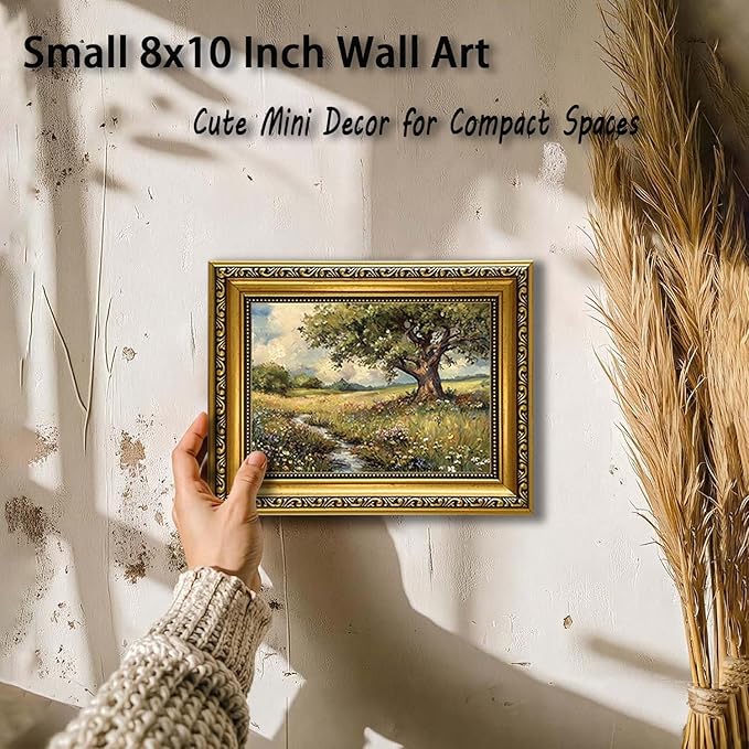 YD&YZY Gold Framed Vintage Wall Art Canvas Spring Country Landscape Wall Decor Wildflower Farmhouse Painting Rustic Nature Picture Cottagecore Print for Home Decor Bedroom 8x10 inch Small Framed