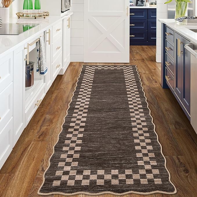Rug Runners for Hallways 2x8 Washable Kitchen Runner Rug Non Slip Low Pile Bedside Throw Carpet Modern Bordered Bathroom Runners Checkered Area Rug for Living Room Bedroom Entryway Nursery, Brown