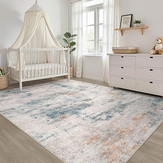 8x10 Area Rugs Living Room: Washable Large Neutral Aqua Brown Rug Abstract Soft Modern Stain Resistant Indoor Floor Non-Slip Carpet for Bedroom Nursery Kids Office Playroom Dining Room Under Table