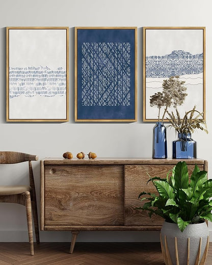 Drsoum Blue Abstract Boho Framed Wall Art Large 16x24in Minimalist Mid-Century Modern Wall Decor Geometric Artwork Kitchen Dining Room Natural Framed
