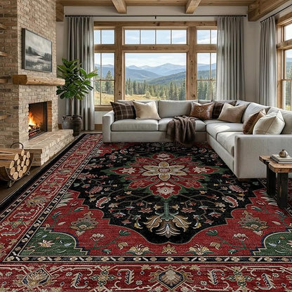 RELEANY Area Rugs 9'x12' Washable Non-Slip, Floral Vintage Distress Print Pattern Medallion Carpet for Living Room Bedroom Dining Room, Red Black