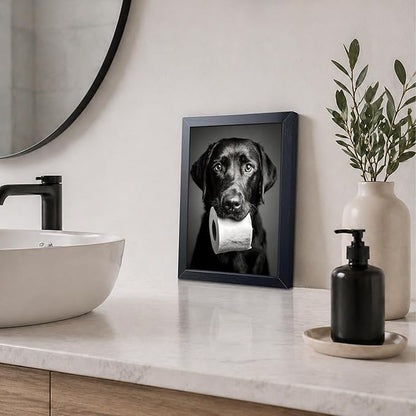 Black and White Bathroom Wall Art, Funny Labrador Dog Canvas Prints Poster, Cute Dog Chewing Toilet Paper Wall Decor, Modern Farmhouse Restroom Bathroom Home 8x10 Inch Framed