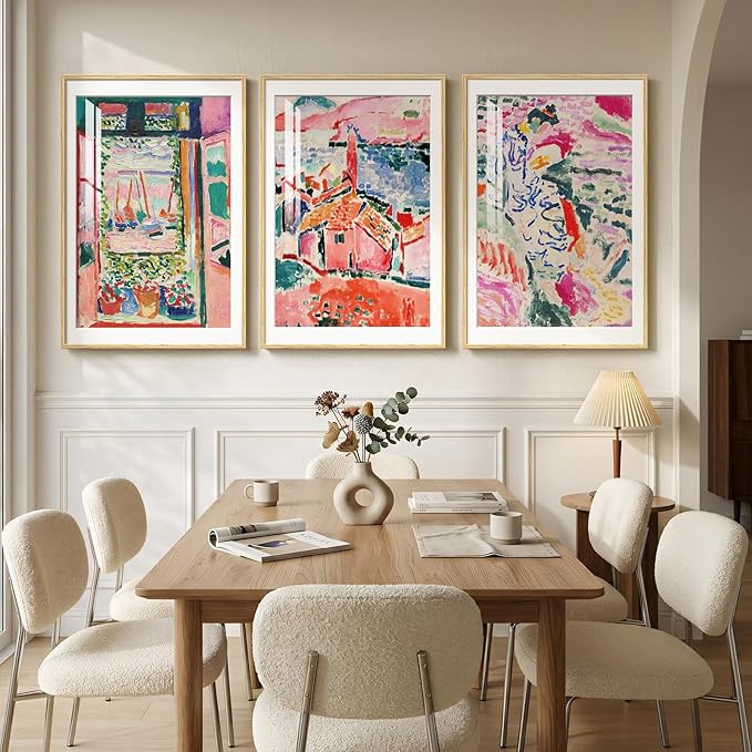 Large Framed Matisse Wall Art for Living Room, Set of 3 Colorful Abstract Landscape Wall Painting Prints, Vintage Retro Aesthetic Wall Decor for Dining Room Bedroom Office Hallway 24x36 Inch