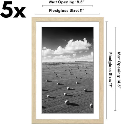 Americanflat 11x17 Picture Frame with Polished Plexiglass - Set of 5 - Use as 9x15 Frame with Mat or Display 11x17 Photo Without Mat - Galleria Collection - Picture Frames for Wall - Natural Oak
